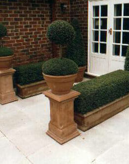 Formally pruned topiary bushes in planters against a brick house façade.