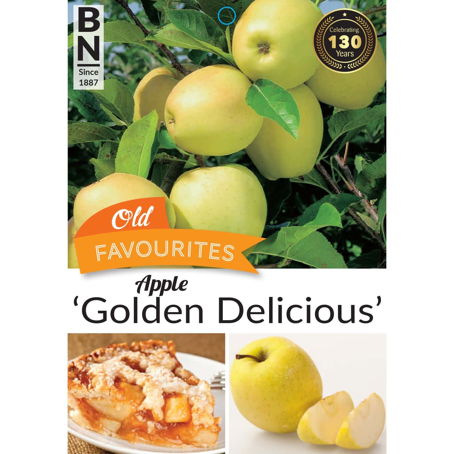 Image showing a branch from golden delicious apple trees with several Malus 'Golden Delicious' apples, a pie, and a whole and sliced Malus 'Golden Delicious' apple. Text reads: "BN Since 1887, Celebrating 130 Years, Old Favourites Apple 'Malus 'Golden Delicious.'