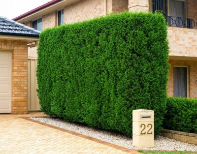 A large, neatly trimmed rectangular green hedge stands beside a postbox labelled "22" in front of a brick house with a tiled roof, bordered by Pratia 'White Star Creeper' from a 15cm pot.