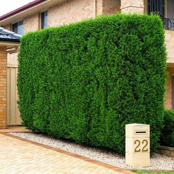 A large, neatly trimmed rectangular green hedge stands beside a postbox labelled "22" in front of a brick house with a tiled roof, bordered by Pratia 'White Star Creeper' from a 15cm pot.