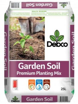 A 25L bag of Debco Premium Garden Soil Mix 25L featuring a small plant being grown in rich soil. The bag includes product benefits and health warning information.