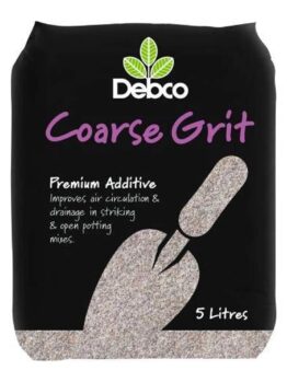 A 5-liter bag of Debco Professional Coarse Grit 5L, labeled as a premium additive for improving air circulation and drainage in striking and open potting mixes. This professional-grade product comes in a black bag with a green leaf logo.