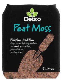 A black bag labeled "Debco Peat Moss 5L" with green text and an illustration of a scoop. This 5L bag is described as a premium additive for seed germination, propagation, and potting mixes.