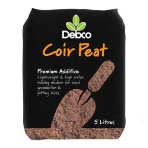 A black bag of Debco Coir Peat 5L, touted as a premium additive for germination and potting mixes. The 5-liter bag is perfect for enhancing your gardening efforts.