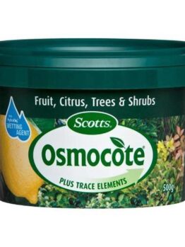 A green container labeled "Osmocote Controlled Release Fertiliser: Fruit, Citrus, Trees & Shrubs 500g" by Scotts, intended for fruit citrus trees and shrubs, with a 500g net weight displayed. This Osmocote Controlled Release Fertiliser ensures optimal growth and nutrition.