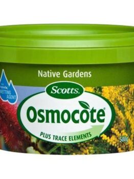 A green container of Osmocote Controlled Release Fertiliser: Fruit, Citrus, Trees & Shrubs 500g, labeled "Plus Trace Elements," with an image of flowers on the packaging. Ideal for shrubs and fruit citrus trees.