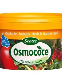 Orange container of Osmocote Controlled Release Fertiliser: Fruit, Citrus, Trees & Shrubs 500g, labeled for use on vegetable, tomato, herb, garden beds, and fruit citrus trees. Capacity: 500 grams.