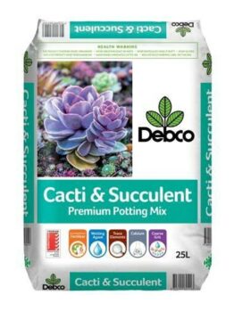 Bag of Debco Cacti & Succulent Soil Mix 25L, featuring product info and an image of a succulent. Bag highlights key mix benefits like water retention, trace elements, calcium, and coarse grit.