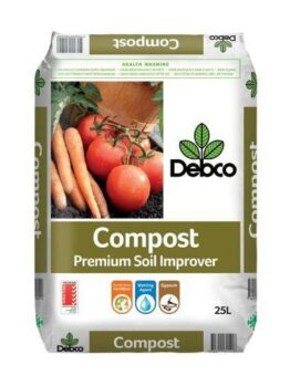 Image of a Debco brand compost bag labeled "Debco Premium Garden Compost 25L" with a photo of vegetables, icons for features, and a 25L capacity.