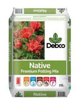 Bag of Debco Native Potting & Planting Soil Mix 25L, featuring red flowers and various product icons on the packaging. This high-quality planting soil mix ensures your garden thrives with every use.