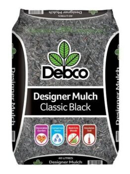 Bag of Debco Designer Mulch Classic Black 40L, with icons indicating it decorates gardens, conserves water, restricts weeds, and insulates soil.