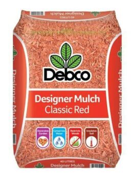A bag of Debco Designer Mulch Classic Red 40L, perfect for garden decoration, water conservation, weed restriction, and soil insulation.