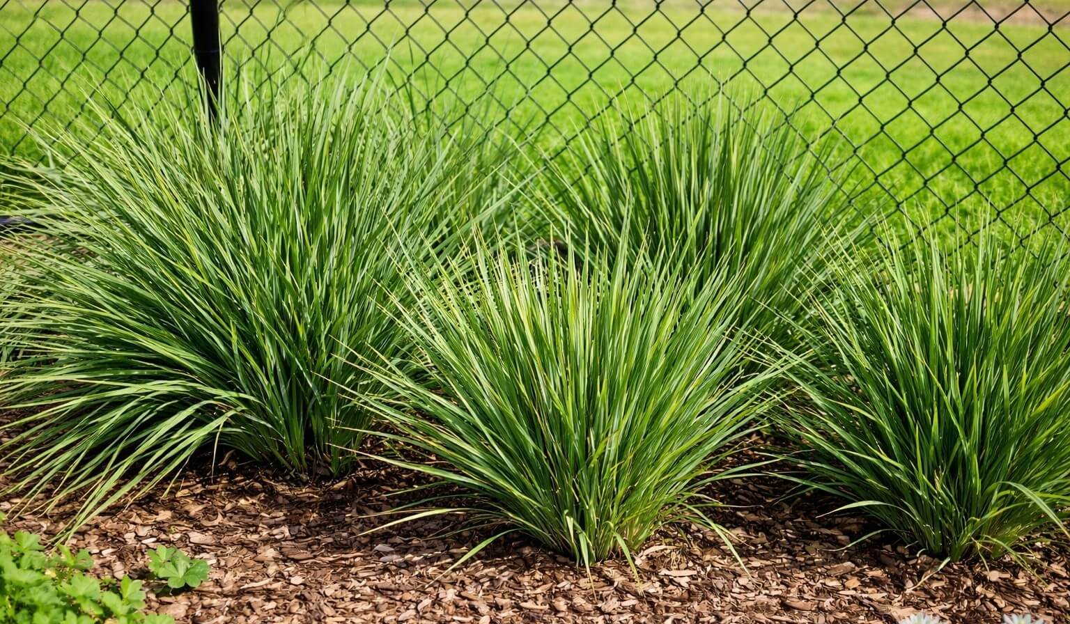 An Epipremnum 'Snow Queen' Devil's Ivy 13cm (Hanging Basket) and ornamental grasses thrive in a mulched garden bed before a black chain-link fence, with a lush green lawn beyond.