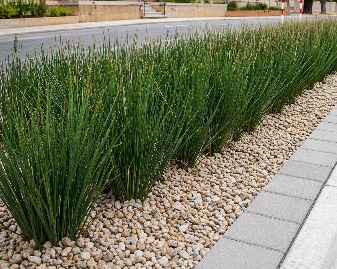 Green ornamental grasses enhance an urban central reservation, highlighted by a Betula 'Upright Silver Birch' 20" Pot, with light gravel and modern concrete paving slabs outlining the pavement.