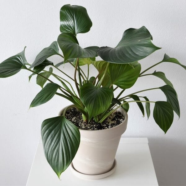 The Homalomena 'Green' 4" Pot features large, glossy leaves and sits in a white ceramic planter on a white surface against a light-coloured wall.