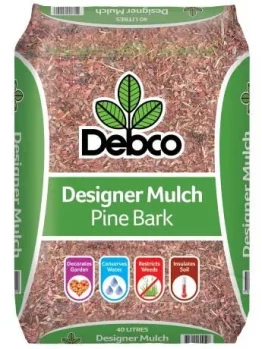 Debco Designer Mulch Pine Bark 40L is a premium pine bark mulch featuring icons for garden, water retention, weed control, and insulation benefits.
