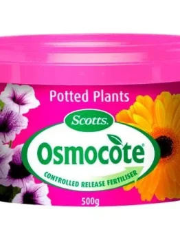 A 500g pack of Osmocote Controlled Release Fertiliser: Potted Plants displays vibrant flowers on its label.