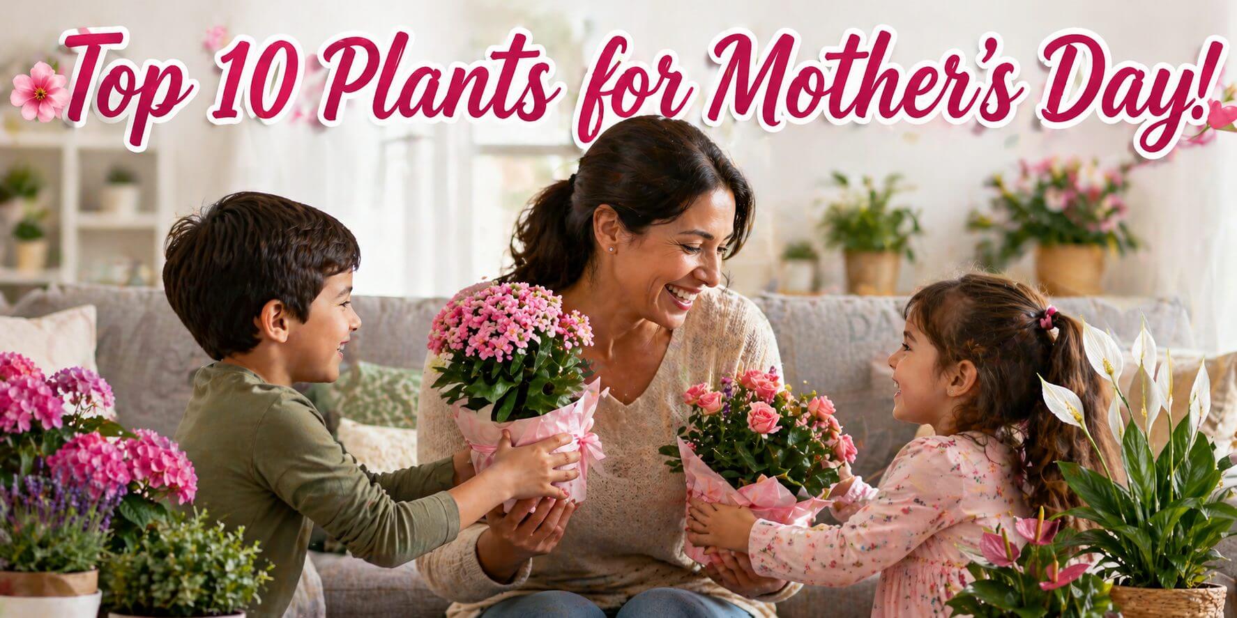 A woman smiles as two children give her potted flowering plants in a living room decorated with more greenery; text reads "Top 10 Plants for Mother’s Day!.