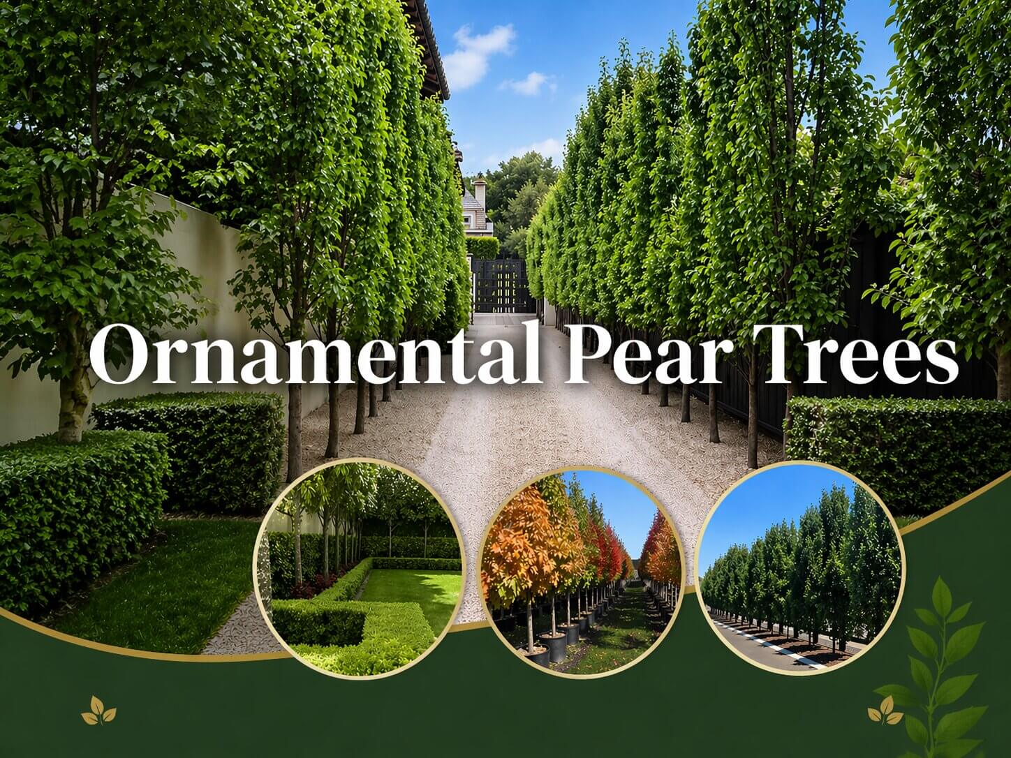 Tall ornamental pear trees with their elegant shape line a gravel drive, accompanied by circular insets showing the ornamental pear tree shape in different seasons and settings. Text reads "Ornamental Pear Trees.