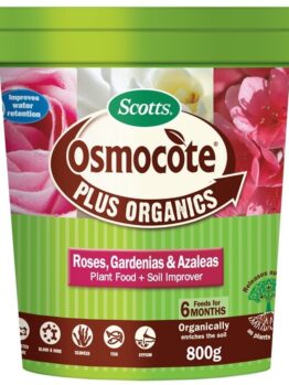 A tub of Osmocote Plus Organics Fertiliser: Roses, Gardenias, Azaleas and Camellias 700g—features label details and flower images; ideal as a specialised fertiliser for roses, gardenias, azaleas, and camellias.