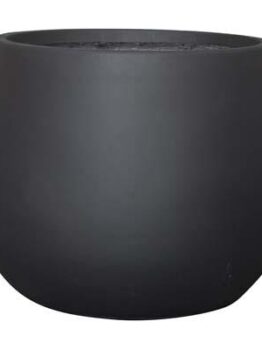 The GardenLite SquatCongo Black L planter, measuring 54x44cm, features a plain round shape, squat design, smooth matte black finish, and is shown against a white background.