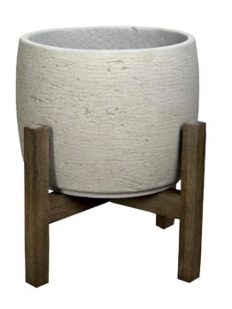 grampians barrel pot for feature plants with wooden leg stand