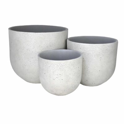 A set of 3 white decorative feature pots ready for plants different sizes white coloured