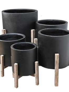 five decorative feature pots for plants all different sizes with brown wooden leg stands