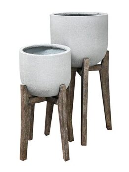 Urban Style Egg Pot with Leg stand Cement grey colour, two pots whith brown leg stands for feature plants