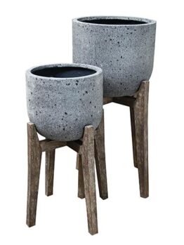 Two UrbanStyle Egg with Leg GreyStone pots for feature plants with brown wooden leg stands