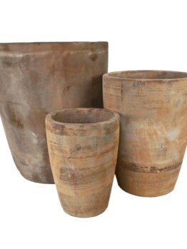 Three terracotta pots on a white background. for feature plants