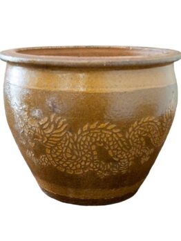 A brown Stoneware Bowl Grey & White S 36x19cm with a dragon design on it.