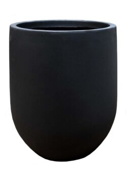 A black planter on a white background. Decorative feature pot black singular for plants