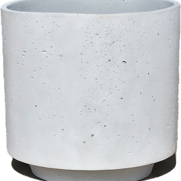 The Grampians Cylinder White S 28x28cm planter features a plain cylindrical shape with a matching saucer and a textured surface decorated with small holes and speckles.