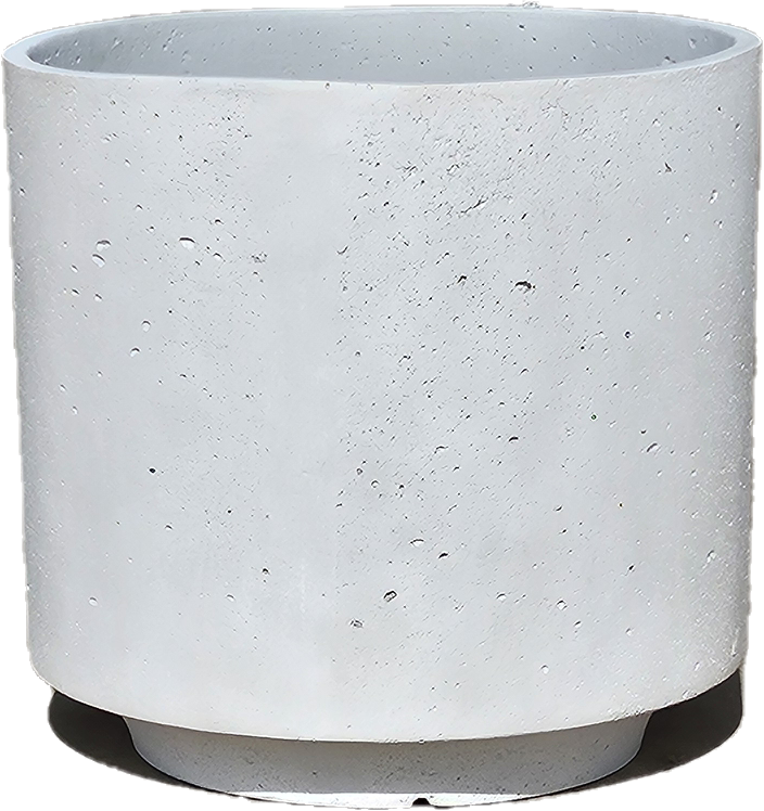 The Grampians Cylinder White S 28x28cm planter features a plain cylindrical shape with a matching saucer and a textured surface decorated with small holes and speckles.