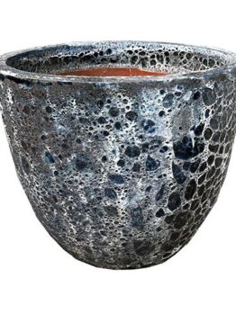 A ceramic pot with a black and gray design. Seafoam Bronte Planter Pot Dark Grey for feature plants