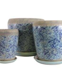 Three Tang Rustica Tall Planter blue with Saucer pots for plants with white patterns