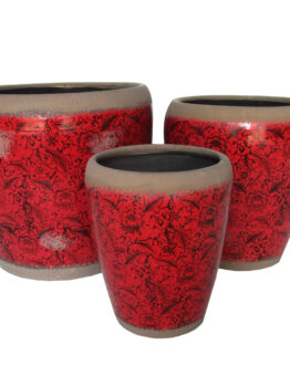 Three Tang Rustica Tall Planter Red with Saucer S 24x29cm vases on a white background. AND BLACK FLORALDISPLAY