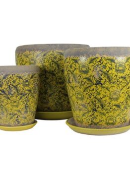 Three Tang Rustica Tall Planters Yellow with Saucer and pot for plants with yellow and black designs on them.