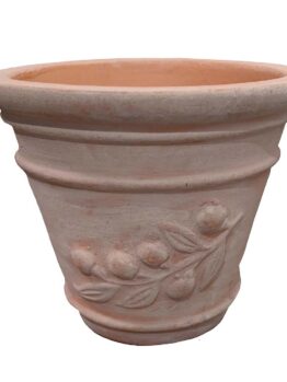 A terracotta decorative planter pot with a leaf design on it for feature plants