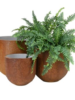 limecrete egg pot antique rust brown coloured. three decorative feature pots for plants with a fern inside