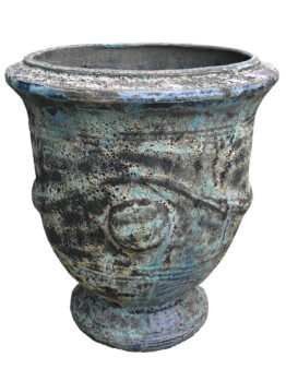 Large Seafoam French Urn Aqua planter, 60x67cm, with a weathered ceramic finish, round base, wide opening, and textured greenish-blue and black spotted surface.