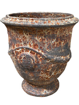 Seafoam French Urn Copper 42x48cm M with a rust-coloured, textured, mottled surface and a wide opening, displayed against a white background.