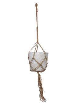 A white pot is held by a macramé plant hanger made of brown rope, showcasing a decorative tassel at the bottom. This stylish addition brings an auto-draft charm to any space.