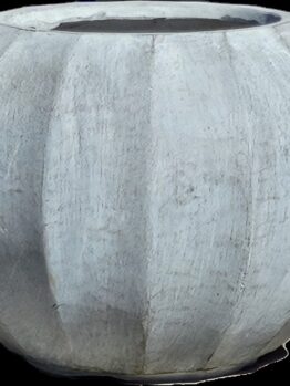 The GeoLite Ribbed Sphere Planter Grey Wash M 36x28cm features a round, gray, concrete design with a textured surface and vertical grooves, all finished in a stylish Grey Wash. Measuring 36x28cm, it elegantly stands on a dark base.