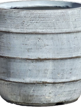 The GeoLite Lined Barrel Grey Wash S pot (34x31cm) features a barrel-shaped, textured grey design with visible horizontal ridges and a slightly weathered look.