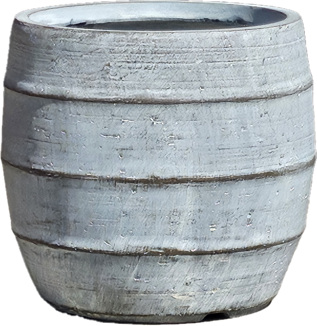 The GeoLite Lined Barrel Grey Wash S pot (34x31cm) features a barrel-shaped, textured grey design with visible horizontal ridges and a slightly weathered look.