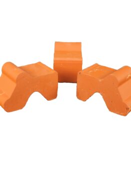 Three small, orange Eurocotta Saucer Traditional 32cm (Copy) with grooved shapes, arranged with two leaning towards each other and one standing upright in the center, forming a neat 32cm display.