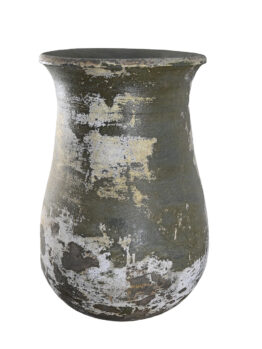 A weathered, moss-green UrbanCrete Deep Bowl Cement S 70x61cm (Copy) with a wide rim and bulbous base. It features patches of peeling paint and a rustic, aged appearance, reminiscent of a deep bowl cement look.