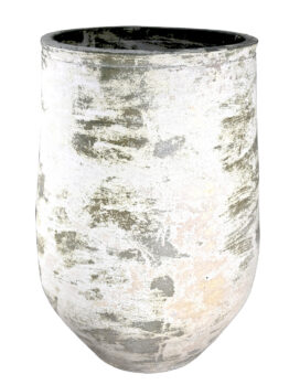 A tall, cylindrical ceramic vase with a distressed white and grey finish, reminiscent of a hidden treasure. The Hidden Treasure Caracus Urn 50x80cm (Copy) adds an elegant charm to any space.